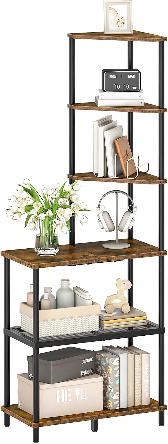 CHOEZON 6-Tier Corner Shelf, Industrial Corner Bookshelf with Desk Top, Diamo...