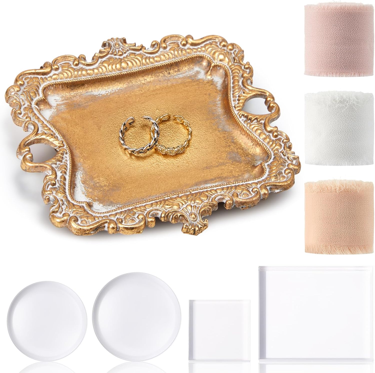 Cinnvoice 8 Pcs Flat Lay Photography Props Set for Jewelry & Wedding Details, Vintage Jewelry Tray, Acrylic Display Blocks, Chiffon Silk Ribbon for Bridal Party Decor Gift(2 Square 2 Round Bases)