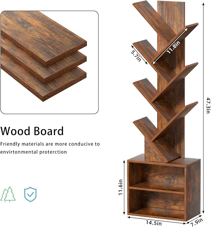10 Tier Tree Bookshelf,Floor Standing Wood Tall Bookcase for Narrow Space, St...