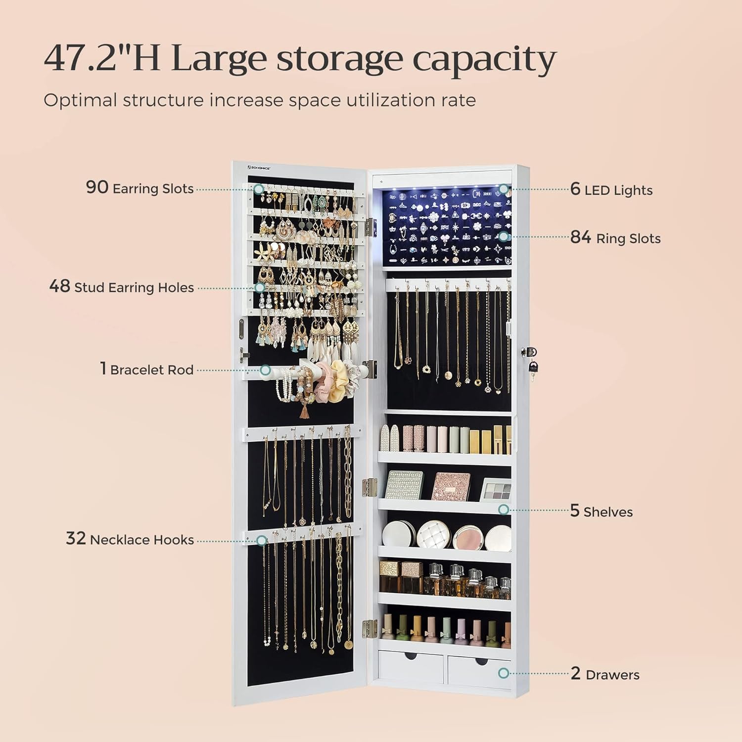 SONGMICS 6 LEDs Mirror Jewelry Cabinet, 47.2-Inch Tall Lockable Wall or Door Mounted Jewelry Armoire Organizer with Mirror, 2 Drawers, Christmas Gift, 3.9 x 14.6 x 47.2 Inches, White