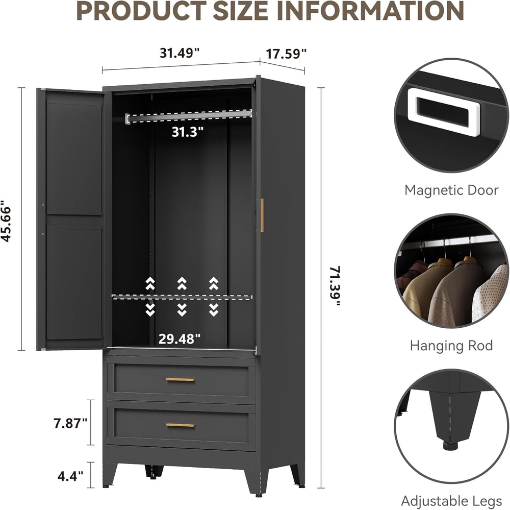 Baborokic Metal Wardrobe Cabinet with Hanging Rod,71" Armoire Wardrobe C...