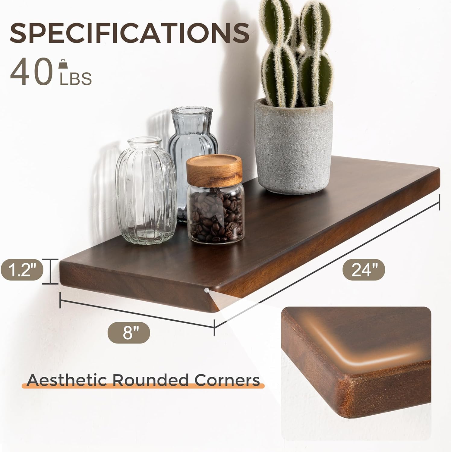 24" Rustic Walnut Wood Floating Shelves, 8 Inch Deep Wall Shelves for Home Decor, Wall Mounted Floating Shelf with Invisible Bracket, Heavy-Duty Storagefor Living Room, Bedroom, Kitchen, Set of 2