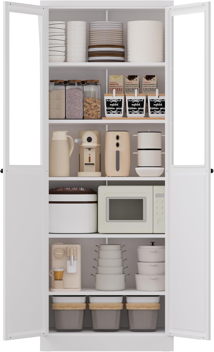Storage Pantry Buffet Cabinet - 72" White Metal Tall Heavy-Duty Adjustab...