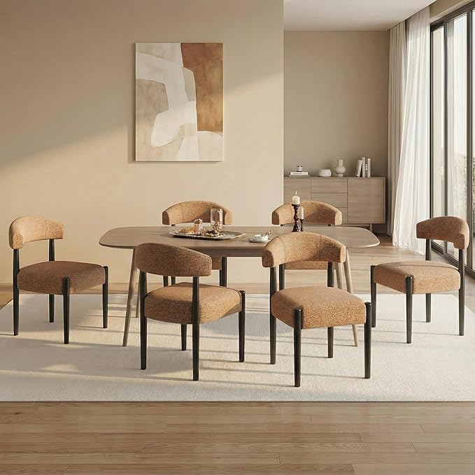 VKNOW Wooden Dining Chairs Set of 6, Modern Upholstered Dining Room Chairs with Black Rubberwood Legs and Curved Backrest, Fabric Kitchen Chairs for Dining Room, Orange(Black Legs)