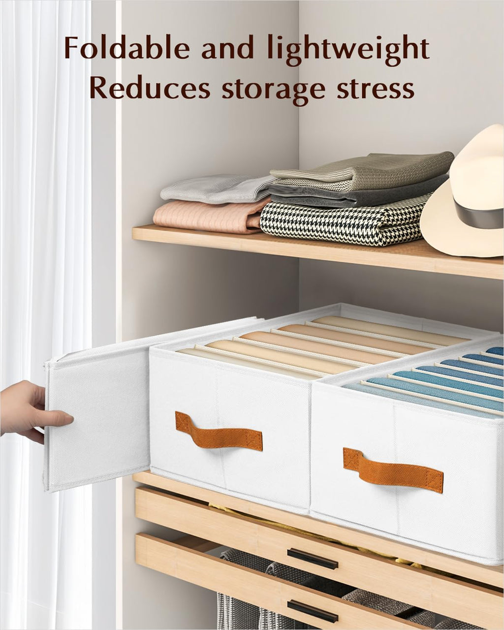 Clothes Organizers and Storage - 4/5/7 Grids Fabric Jeans Organizer with Handles, Foldable Closet Organizers Dividers, Wardrobe organizer for Pant, Sweater, T-shirt, Scarf, 6 Pack, White