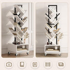 7 Tier Tree-Shaped Rotating Bookshelf, Double Sided, Small Bookcase with Storage Cabinet, Modern Tall Narrow Bookshelves Organizer, Floor Standing Book Shelf for Bedroom/Living Room, White
