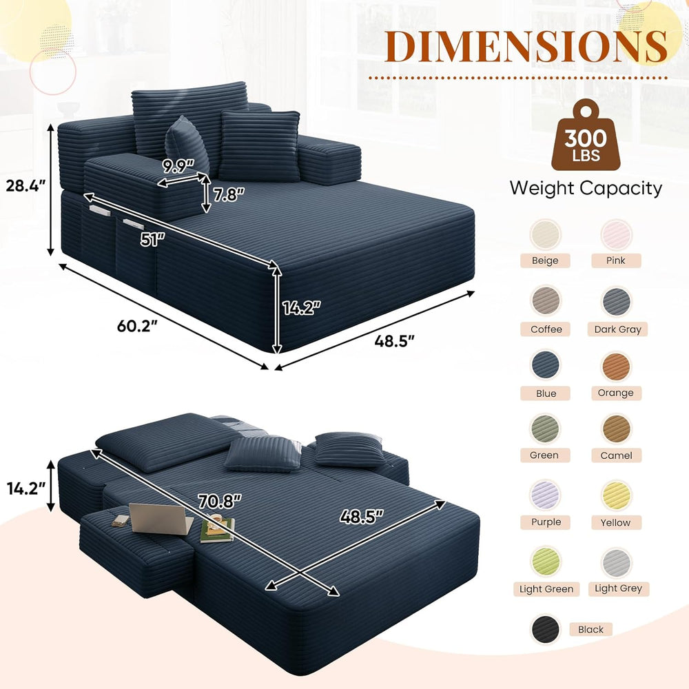 Chaise Lounge Chair Indoor, 60" Oversized Sleeper Couches W/Foldable Arm...