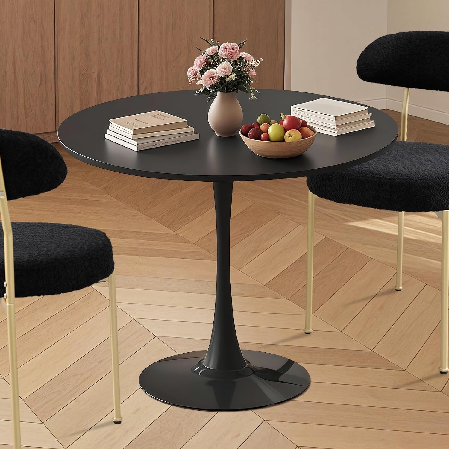 24" Small Round Kitchen Table Set for 2 with Velvet Upholstered Chairs | 3-piece compact dining set with round table, soft upholstered chairs, space-saving design for apartments