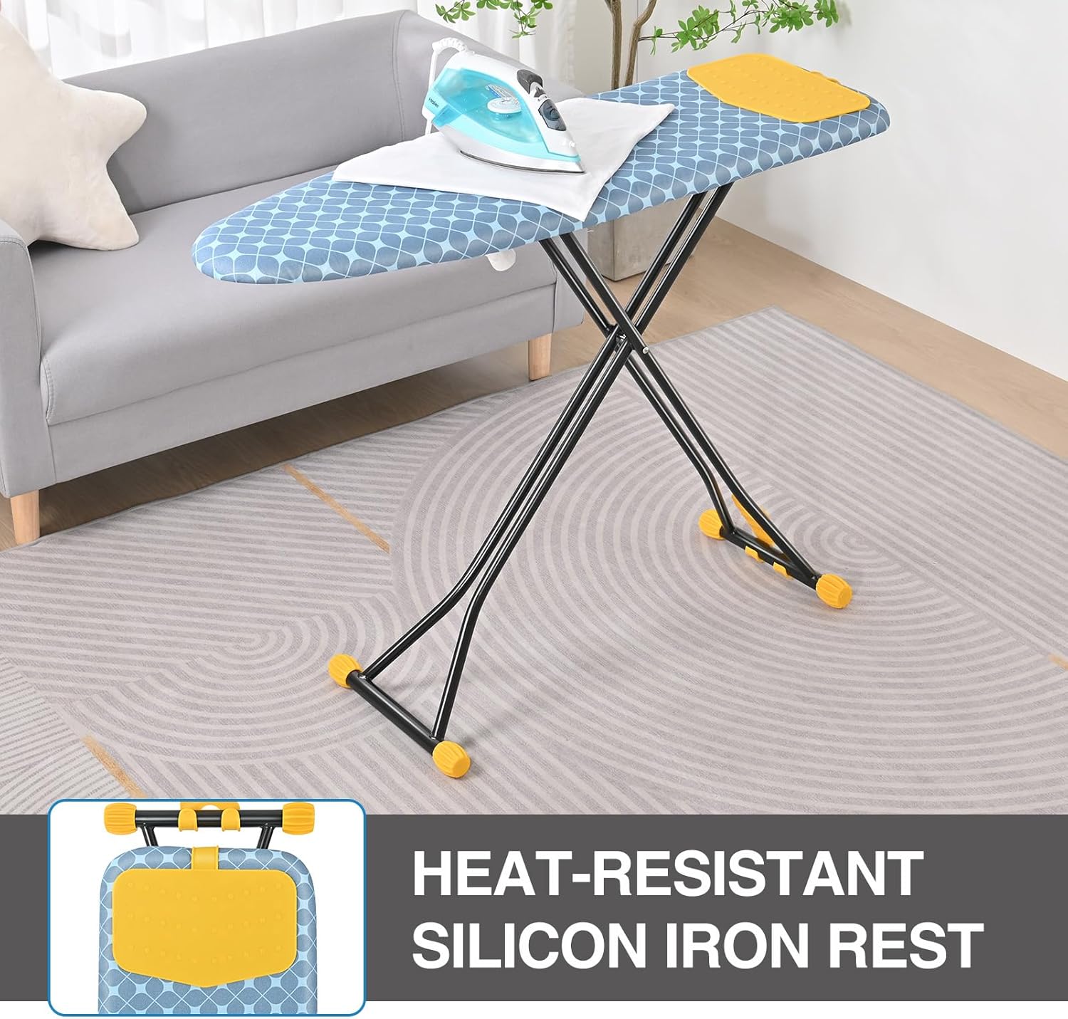 APEXCHASER Ironing Board with Iron Rest, Compact and Space Saver Iron Board, Extra Thick Cover, Height Adjustable, Wall Mount & Closet Hanger 13x43 Yellow