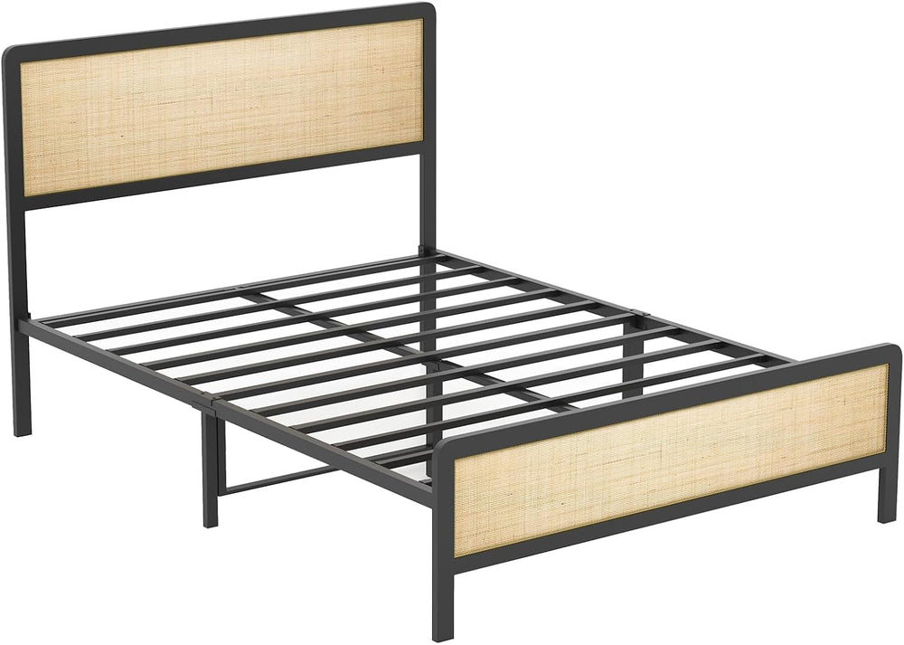 CABIHOME Rattan Queen Size Bed Frame with Natural Cane Headboard, Boho Platfo...