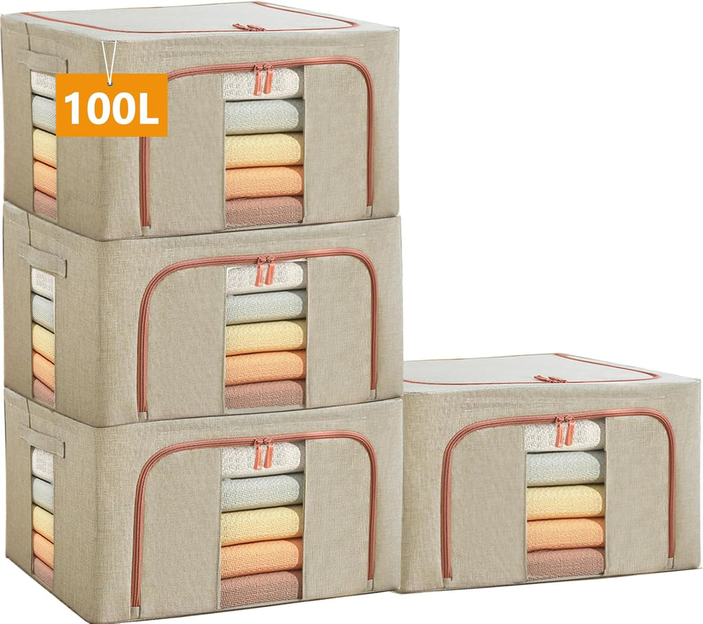 Large Storage Bags,Stackable Clothes Storage Bins with Hold Shape Metal Frame,Foldable Closet Organizer Containers with Zipper,Clear Window,Thick Fabric for Seasonal Clothing (Beige, 100L x 4 Pack)