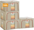 Large Storage Bags,Stackable Clothes Storage Bins with Hold Shape Metal Frame,Foldable Closet Organizer Containers with Zipper,Clear Window,Thick Fabric for Seasonal Clothing (Beige, 100L x 4 Pack)