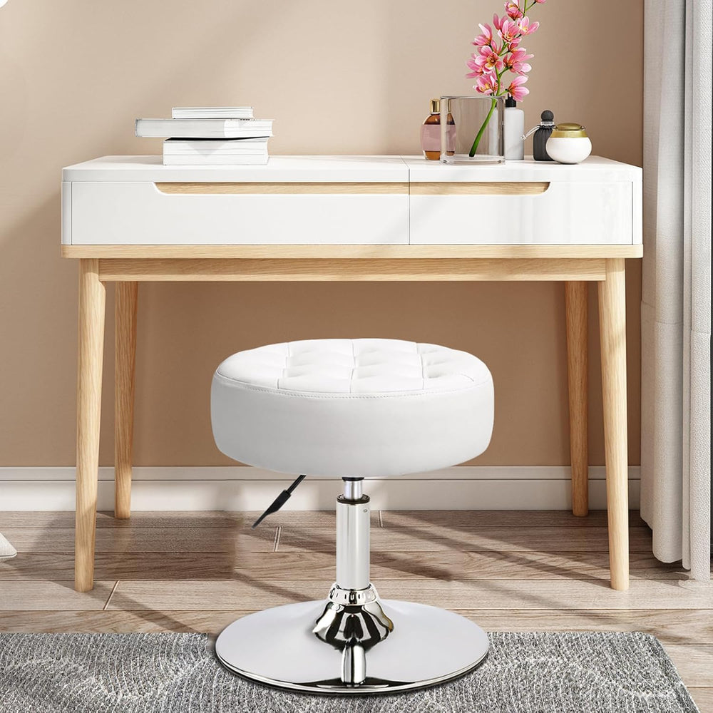 360° Swivel PU Leather Vanity Stool, White Makeup Chair for Bedroom, Large Ro...