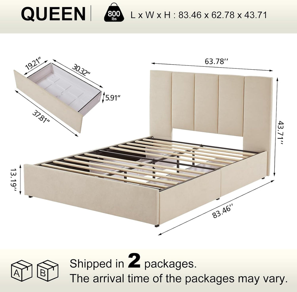VELOCAVA Queen Size Upholstered Storage Bed Frame with 4 Drawers, Modern Line...
