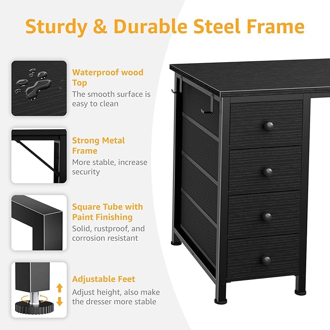 Black Desk with Fabric Drawers on Both Sides, 47 Inch Black Gaming Desk Home Office Computer Study Writing Work PC Desks with 8 Storage Fabric Drawers for Bedroom