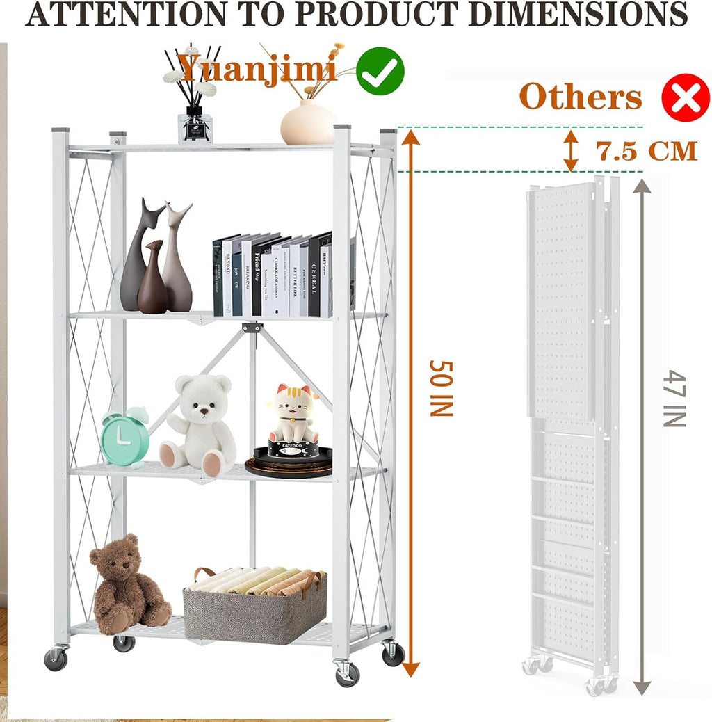 4 Tier Foldable Storage Shelf with Wheels, Heavy Duty Folding Shelf Loads 600 LBS, Metal Steel Collapsible Shelves, Rolling Standing Utility Rack for Kitchen, Pantry, Office, White