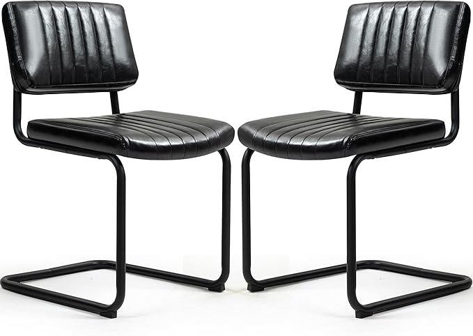 Cantilever Dining Chairs Set of 2, Mid Century Modern Dining Chairs with Black Metal Legs, Upholstered Leather Kitchen Chairs, Armless Cantilever Chair for Kitchen & Living Room, Black