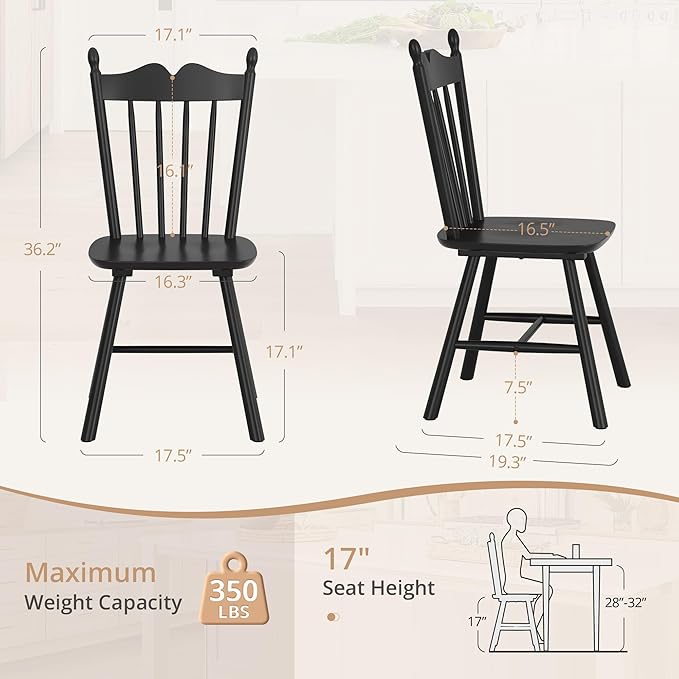 LUE BONA Black Dining Chairs Set of 4, Windsor Wooden Dining Chair with Thick...