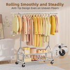 EAGMAK Heavy Duty Clothes Rack Load 556 LBS, Rolling Clothing Rack With Shelves, Height Adjustable Metal Clothes Hanger with Wheels Portable Wardrobe Organizer Garment Rod for Hanging Clothes (Silver)