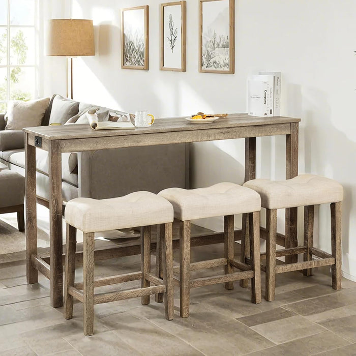 59" Counter Height Bar Table Set with Power Outlet, Industrial Breakfast Table with 3 Padded Stools, 4 Piece Bar Table and Chairs Set for Living Room, Dining Room, Brown