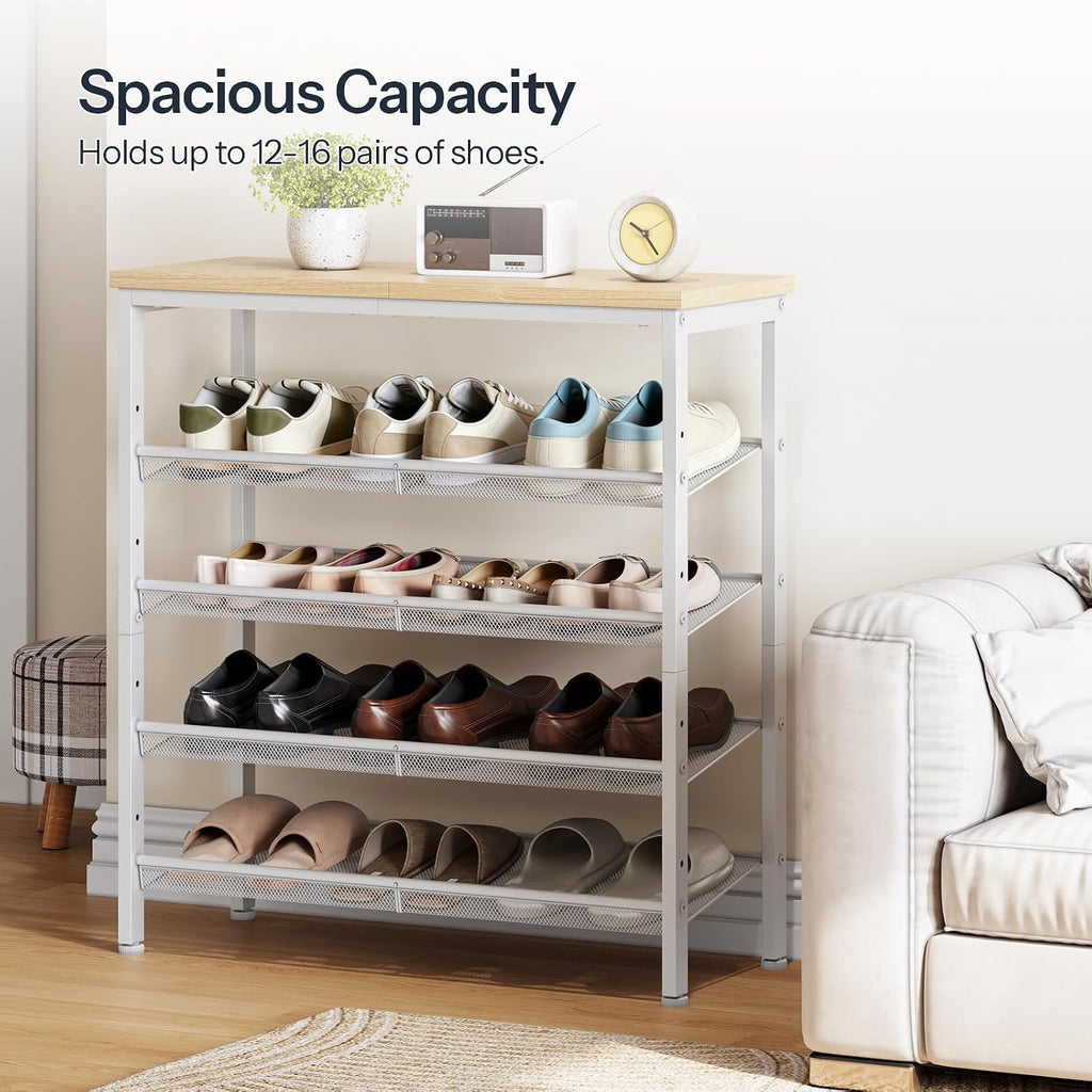 HOOBRO Shoe Rack for Entryway, 5-Tier Shoe Organizer with Adjustable Mesh Shelves, 12-16 Pairs of Shoes, Spacious Floor Mount, Metal, Industrial, Shoe Shelf for Closet, Natural and White WN12XJ01