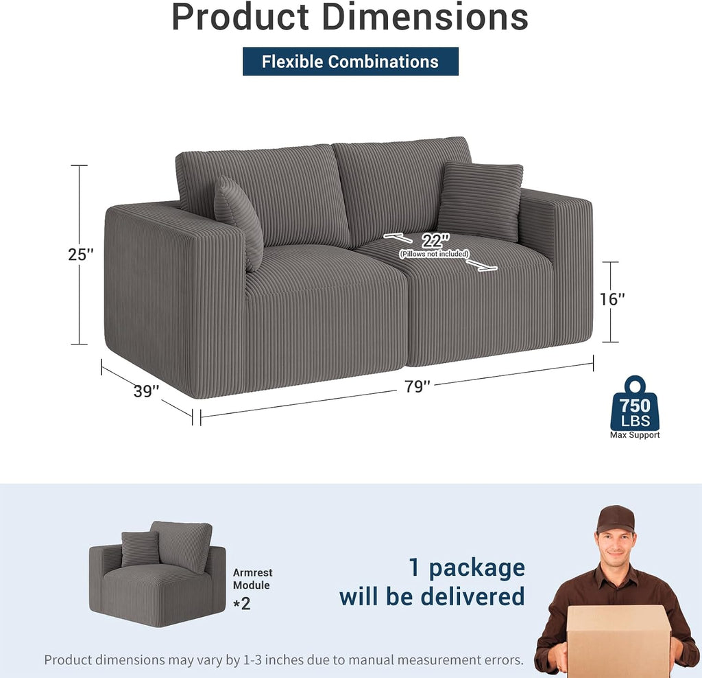 Modular Loveseat Couch Cloud Couches for Living Room - 79" Boneless Sofa - No Assembly Required, Cozy Corduroy Convertible Full Sponge Compression Sofas for House, Apartment(Grey)