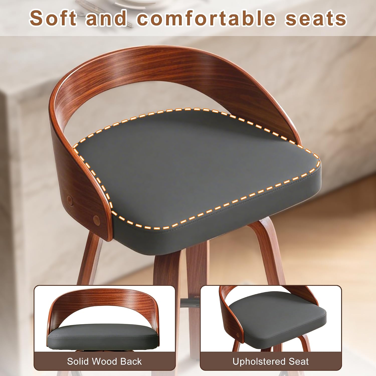 25" Swivel Bar Stools Set of 2, Mid Century Modern Bar Island Stools | Upholstered Faux Leather Counter Height Barstools with Walnut Back & Bentwood Legs