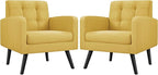 Yaheetech Mid-Century Accent Chairs, Modern Upholstered Living Room Chair, Cozy Armchair Button Tufted Back and Wood Legs for Bedroom/Office/Cafe, Set of 2, Yellow
