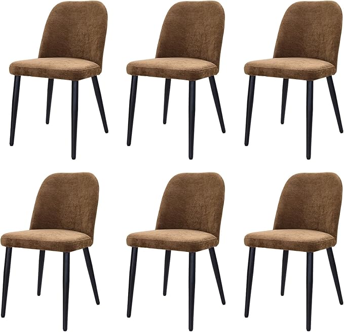 Upholstered Dining Chairs Set of 6 Modern Kitchen Chairs Chenille Fabric Dining Room Chairs High-Back Padded Dining Chairs with Metal Legs for Kitchen Dining Room Restaurant Cafe Hotel, Brown