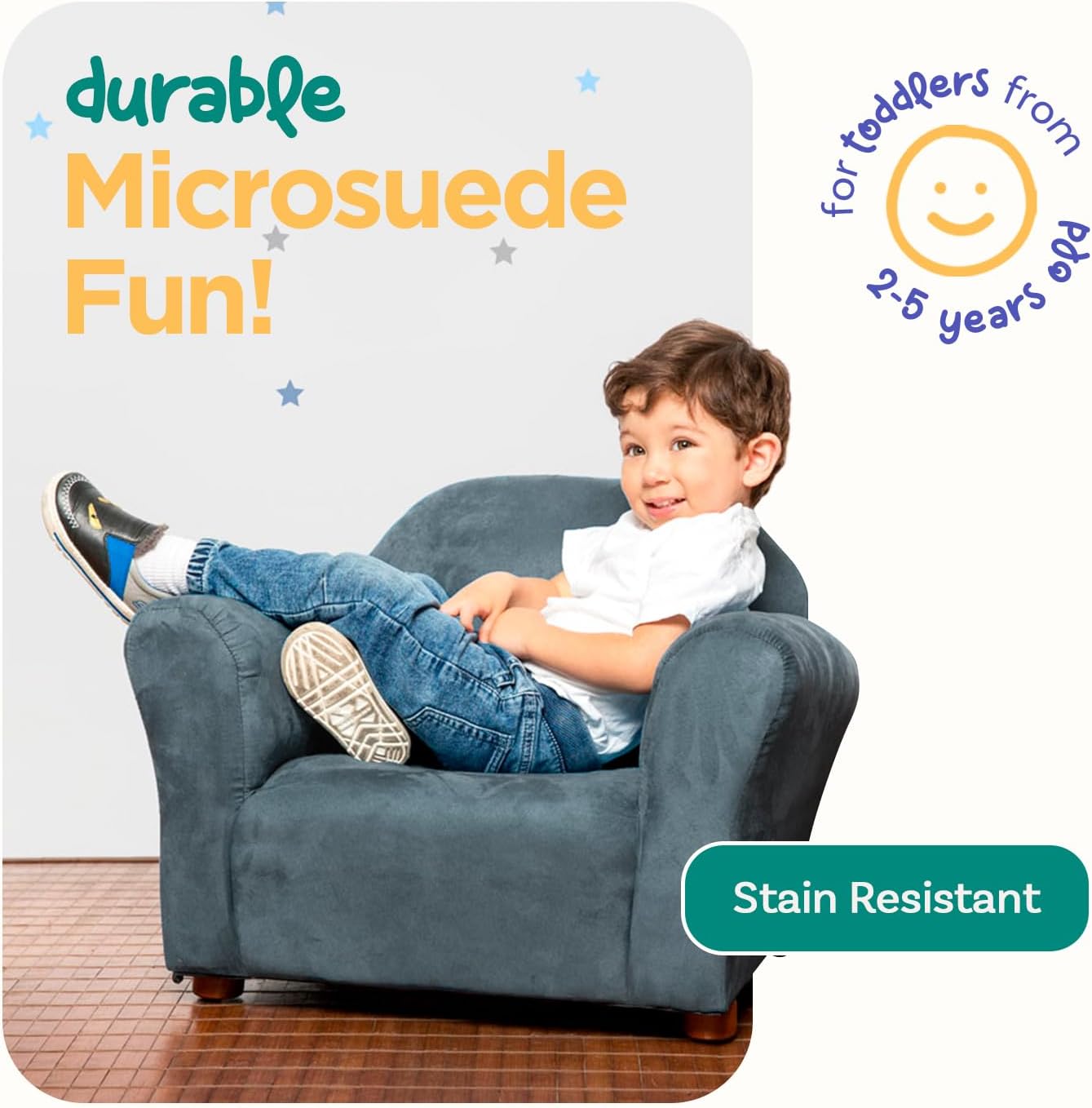 Roundy Toddler Armchair with Soft Microsuede Upholstery Durable Wooden Frame, Ergonomic Design, Fully Assembled, Comfortable Kids Chair for Ages 2-5, Ideal for Bedroom, Playroom & Daycare Use.