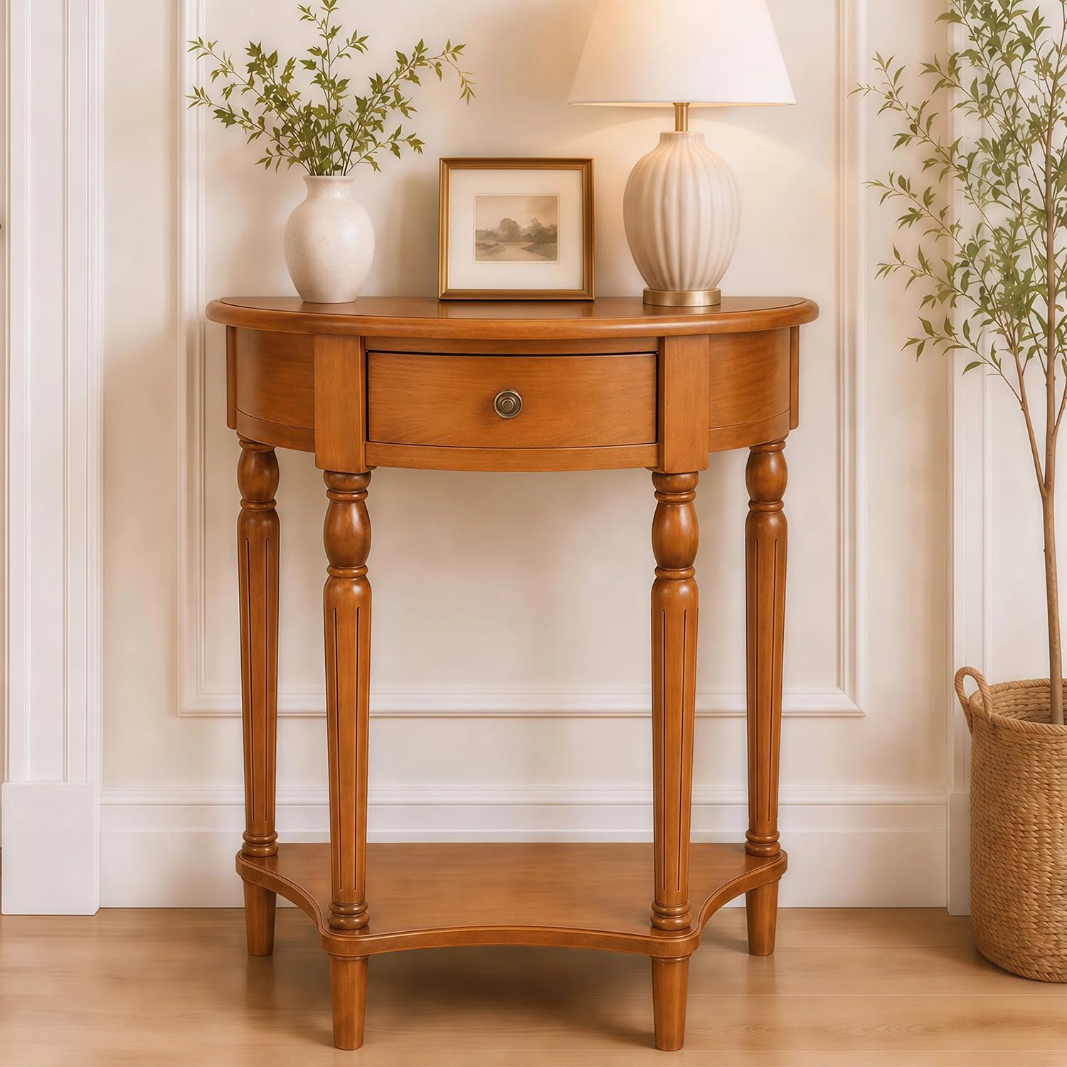 Half Moon Console Table - Solid Wood Vintage Half Round Foyer Table with Drawer and Shelf, Narrow Accent Table for Entryway, Hallway, Living Room and Small Spaces, (Brown, 23.6" W)