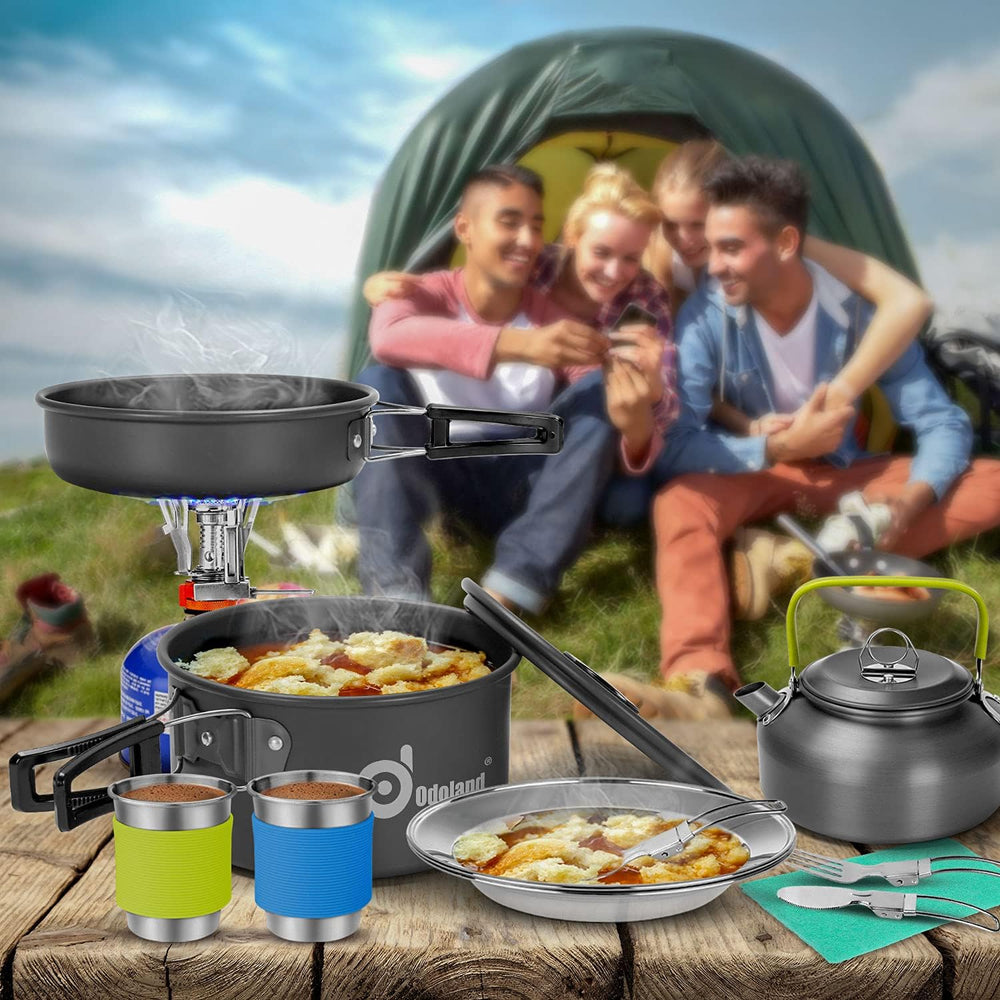 Odoland 19pcs Camping Cookware Mess Kit, Non-Stick Pot Pan Kettle Set for 2