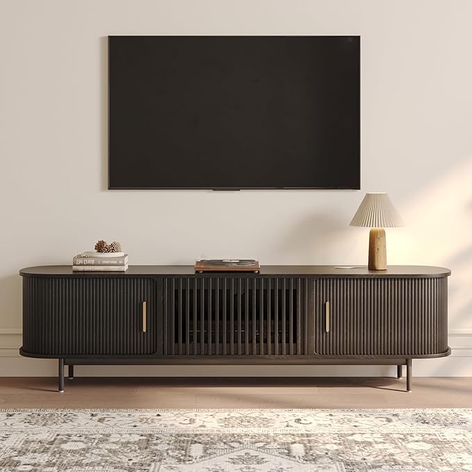 POVISON Fully-Assembled Mid Century Modern TV Stand, Sliding Tambour Door Entertainment Center with Storage, Wood TV Console, Media Console for Living Room Bedroom(Black, 78.74")