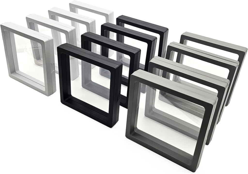 12PCS 3D Floating Frame Display Stand, Jewelry Box, Gift Box, Ornament Organizer, Small Travel Jewelry Box, PE Film Anti-Oxidation, Suspended Display Box Stackable (4.33 * 4.33, Type 1)