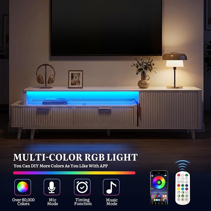 YITAHOME TV Stand for 100 Inch TVs with Power Outlet & LED Light, Fluted Entertainment Center with Storage Drawers & Cabinet, Modern Media Console for Living Room, White