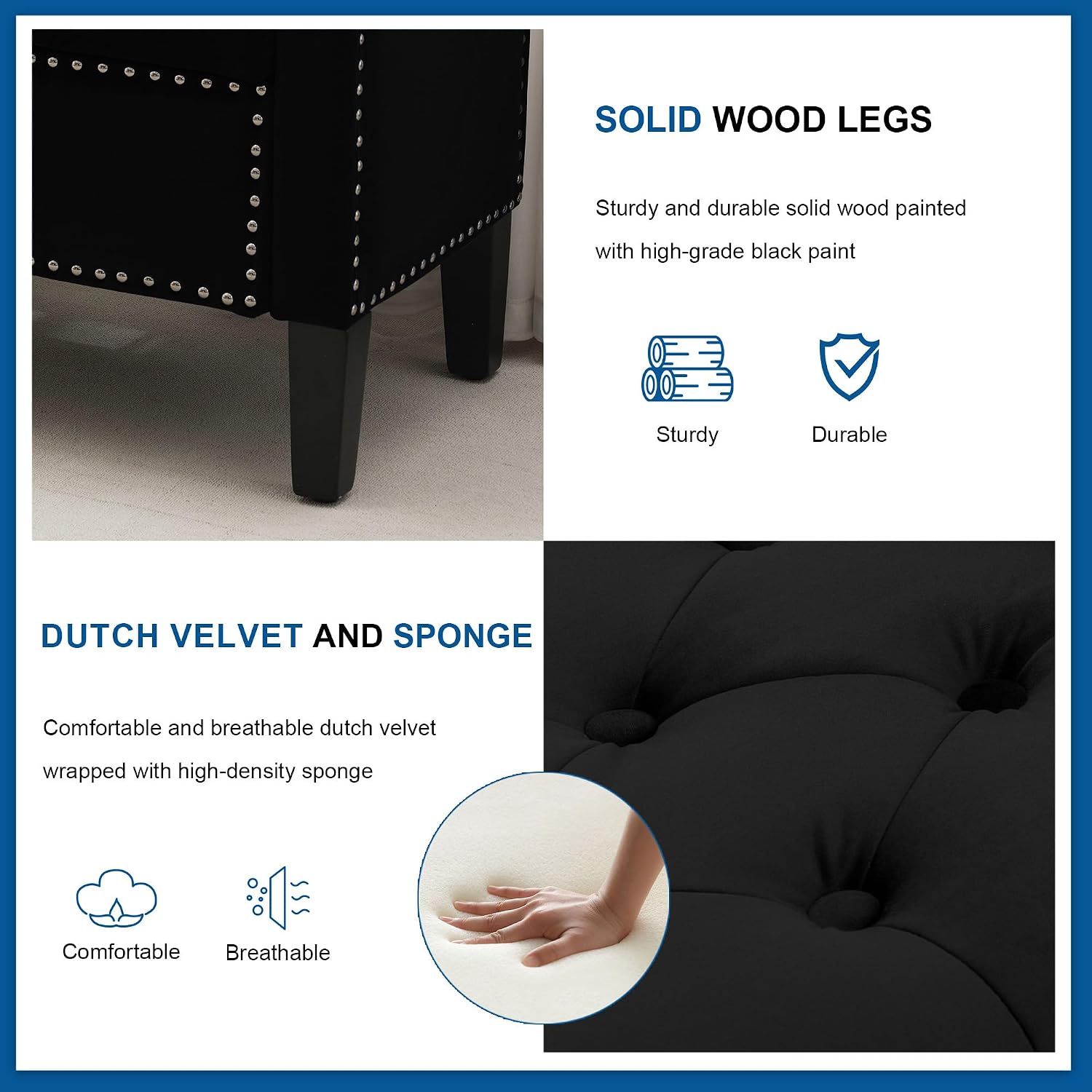 Storage Ottoman Bench, Velvet Upholstered Footstool for Bedroom and Living Room, Tufted Seat with Storage, Wooden Legs & Metal Rivets, Black