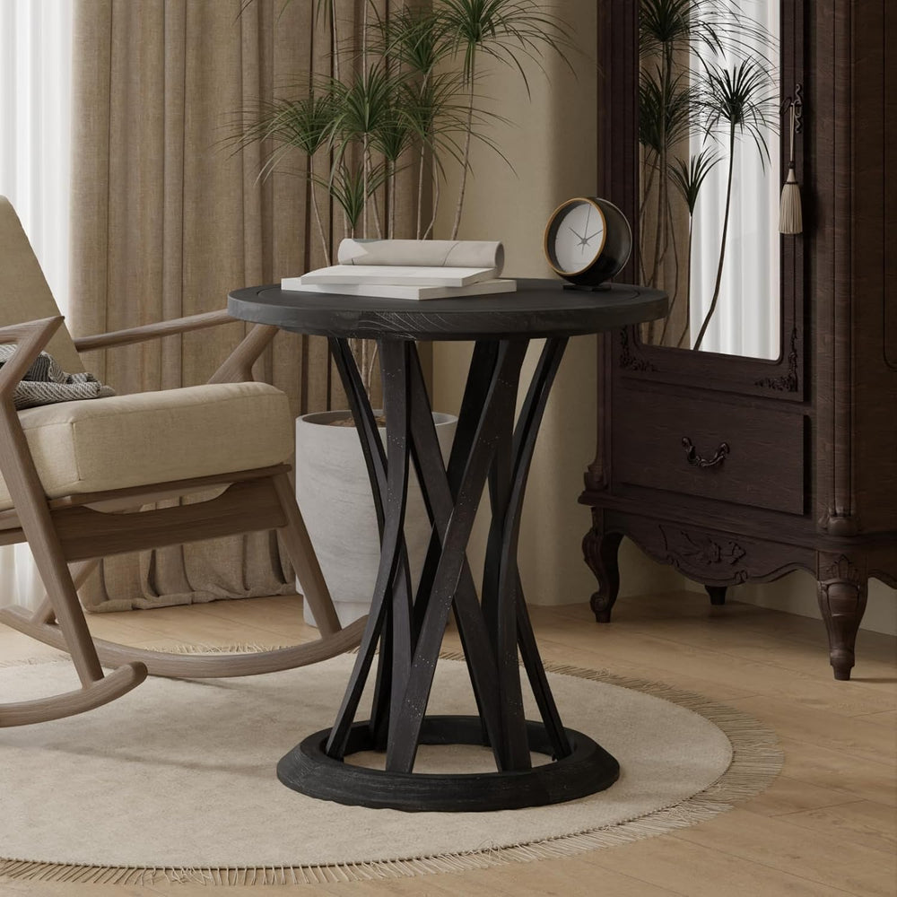 COZAYH Round Farmhouse End Table with Crisscross Pedestal Base, Distressed Fi...
