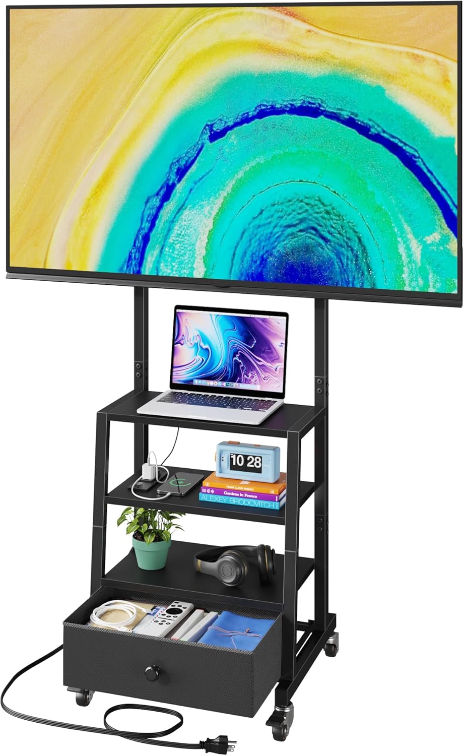 AFLUI Rolling TV Stand with Wheels and Mount & Fabric Drawer - Entertainment Center with Power Outlet and Small TV Stand for Bedroom, Living Room - 15" Black