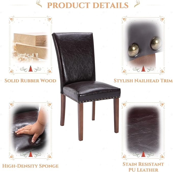 Parsons Dining Chairs Set of 2, Upholstered Nailhead PU Leather Dining Room Kitchen Side Chair with Thick Cushions and Wood Legs, Dark Brown