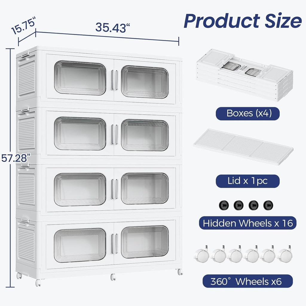 200 Gallon Extra Large Storage Bin with Lid and Wheels, Stackable Collapsible Plastic Storage Box with Door, Foldable Organizer for Closet, Kitchen, Office, Living Room, 4 Pack White