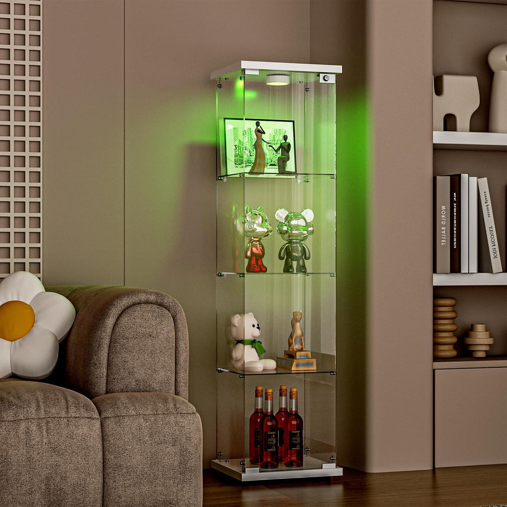 FANYUSHOW Glass Display Cabinet with LED Light & Lock, 1-Door 4-Shelf White | Tempered glass shelves, 64.7"H x 16.7"W x 14.4"D, 13-color remote lighting, 30/60-min timer, curio display case