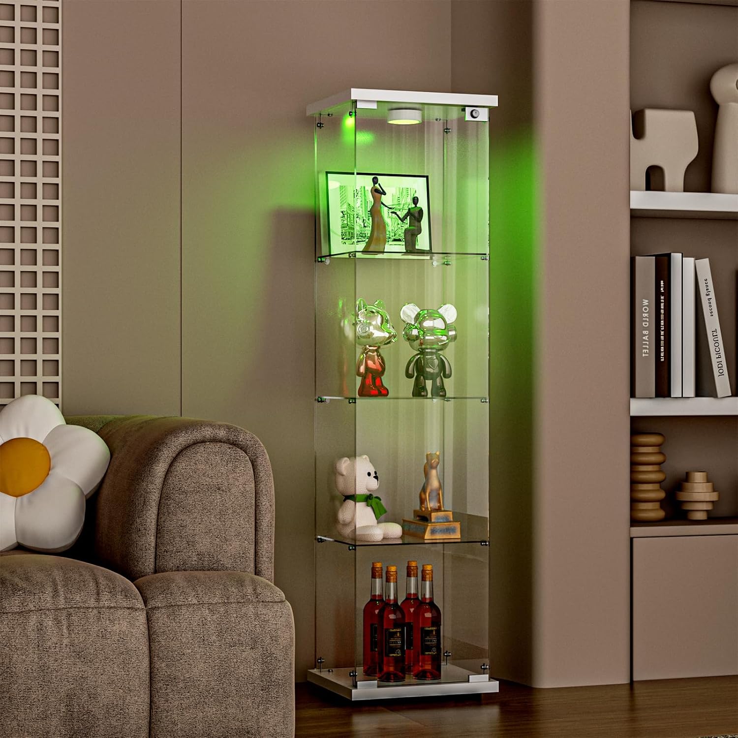FANYUSHOW Glass Display Cabinet with LED Light & Lock, 1-Door 4-Shelf White | Tempered glass shelves, 64.7"H x 16.7"W x 14.4"D, 13-color remote lighting, 30/60-min timer, curio display case