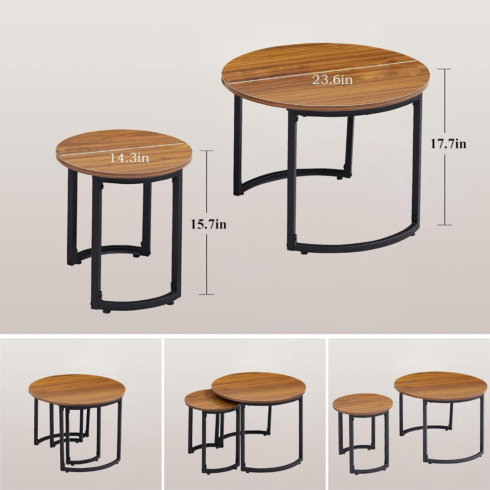 VECELO Nesting Coffee Table Set of 2, Wood Round Side Tables with Adjustable ...