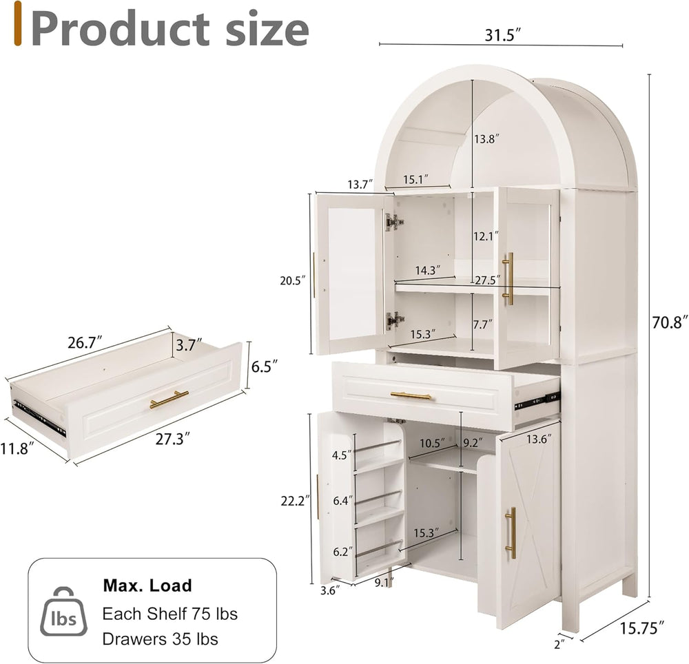 roomfitters 71" Tall Arched Farmhouse Pantry Cabinet with Glass Barn Doo...
