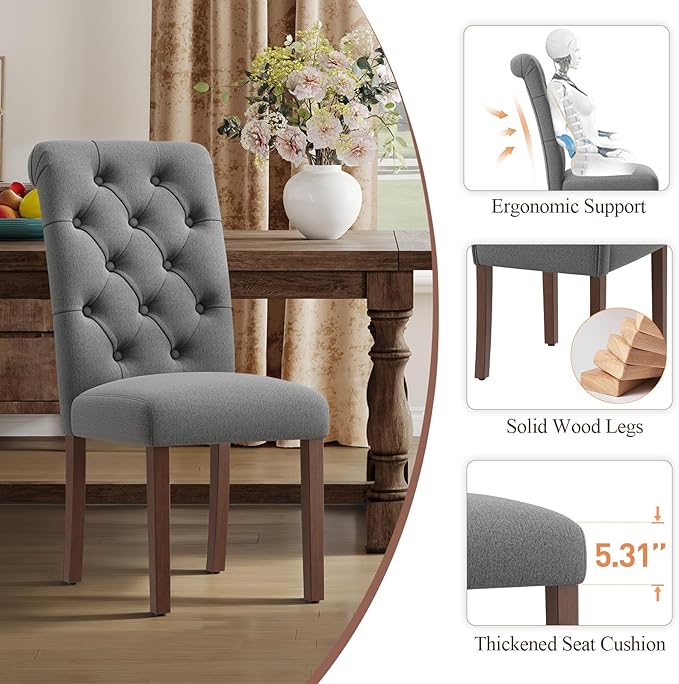 Upholstered Tufted Dining Room Chairs Set of 2, Parsons Kitchen Chairs with Padded Seat and Solid Wood Legs, Fabric Accent Side Diner Chair for Dining Room/Kitchen/Living Room, Grey