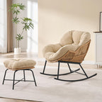 ONBRILL Papasan Rocking Chair with Ottoman, Oversized Papasan Chair, Beige | Indoor & Outdoor Rocker Chair with Padded Cushion for Living Room, Patio, Garden