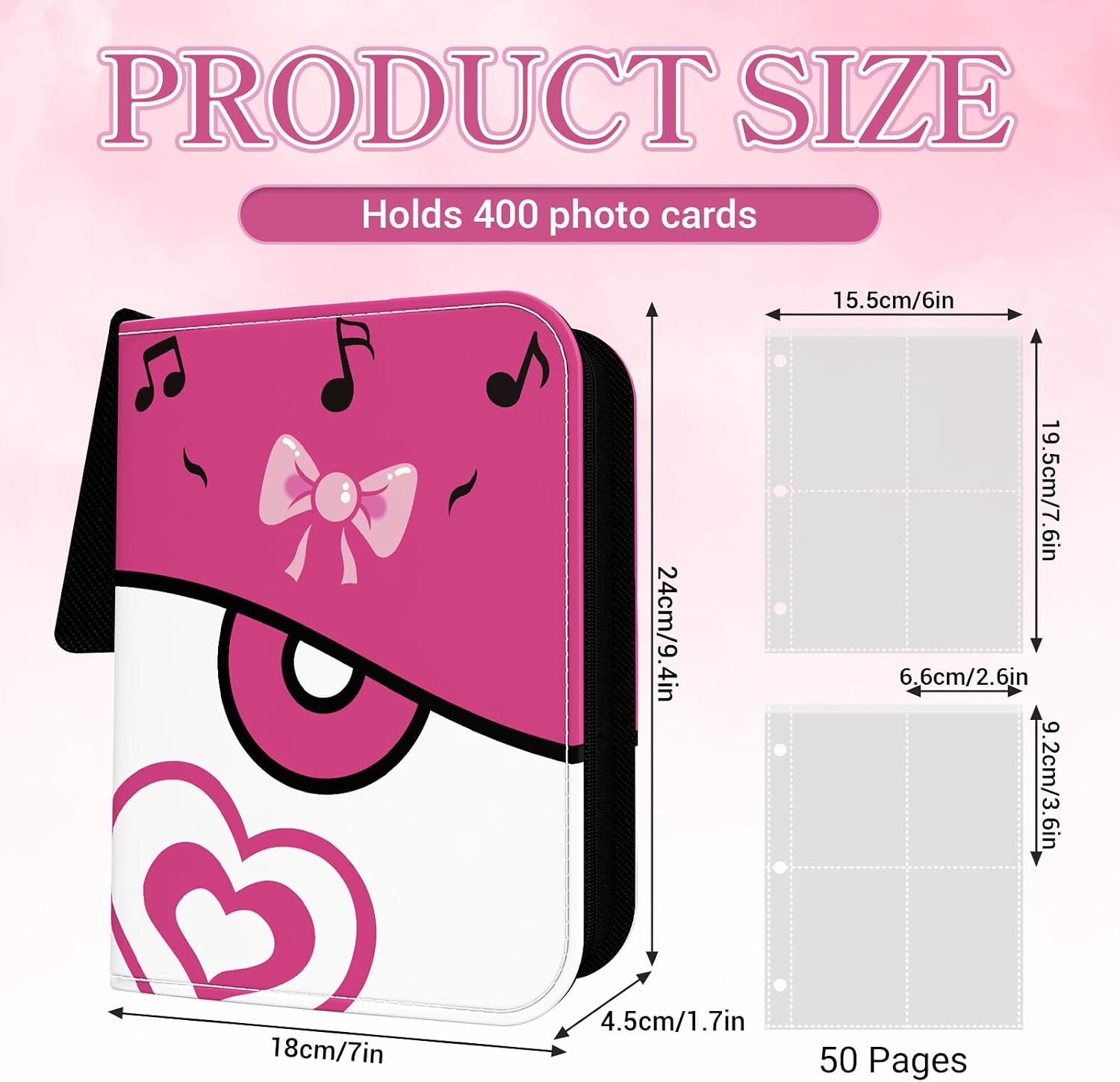 Zipper Seals Kpop Photocard Binder, A5 PU Leather Binder Card Collector Album for Fujifilm Instax Mini Camera, Polaroid Camera, Suitable for Lomo Cards, 50 Pack 4-Pocket(400 Photos/Card)
