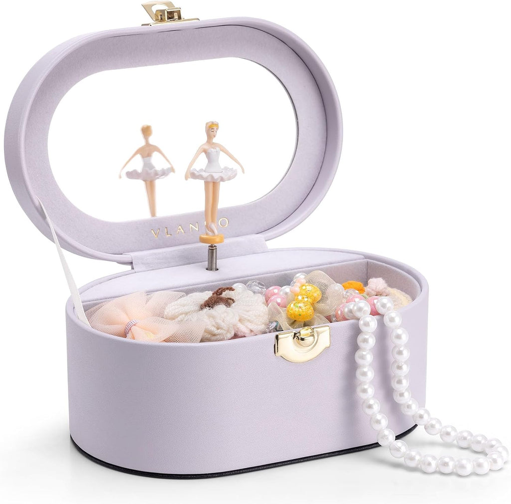 VLANDO Musical Jewelry Box for Girls, Oval Design with Spinning Ballerina | Large Compartment for Daily Treasures, Plays Canon Melody, Built-In Mirror and Soft Portable Handle, Birthday Christmas Gift