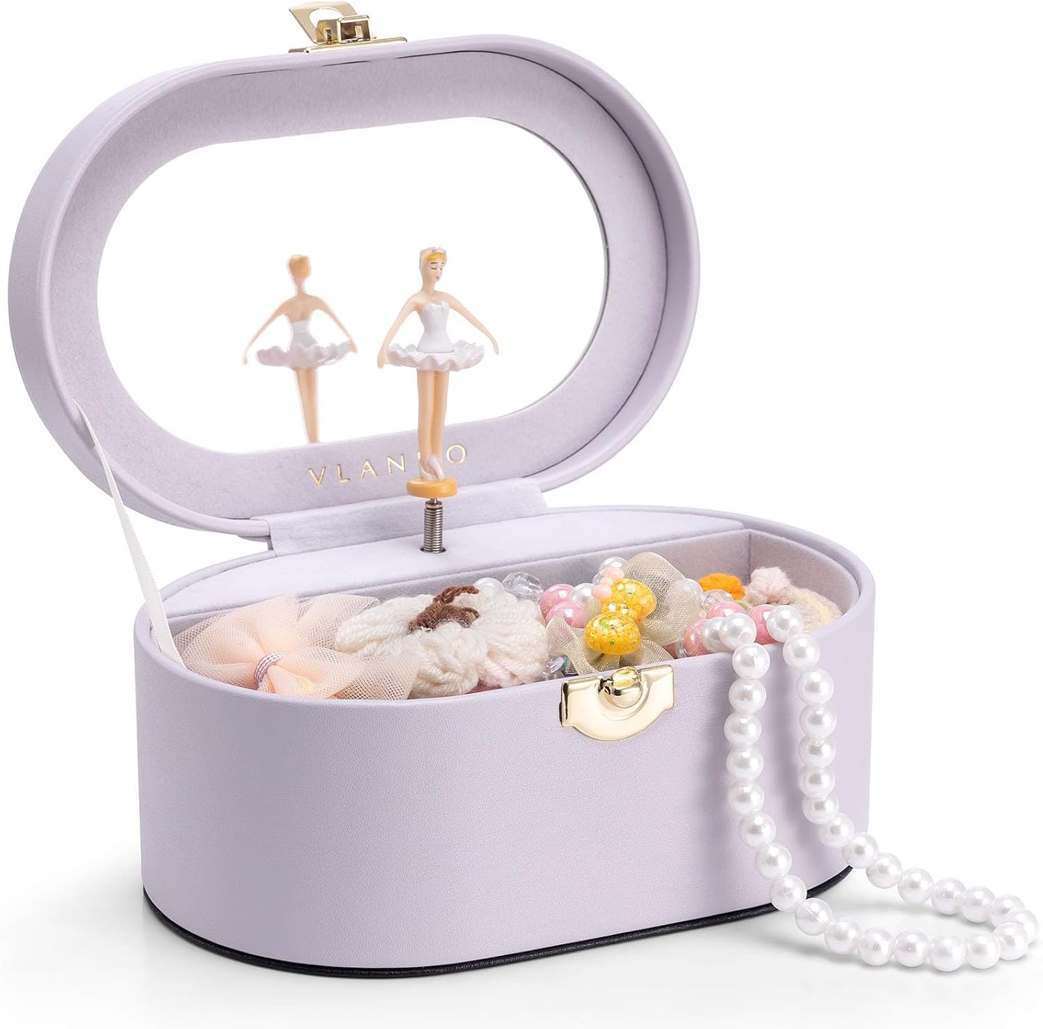 VLANDO Musical Jewelry Box for Girls, Oval Design with Spinning Ballerina | Large Compartment for Daily Treasures, Plays Canon Melody, Built-In Mirror and Soft Portable Handle, Birthday Christmas Gift