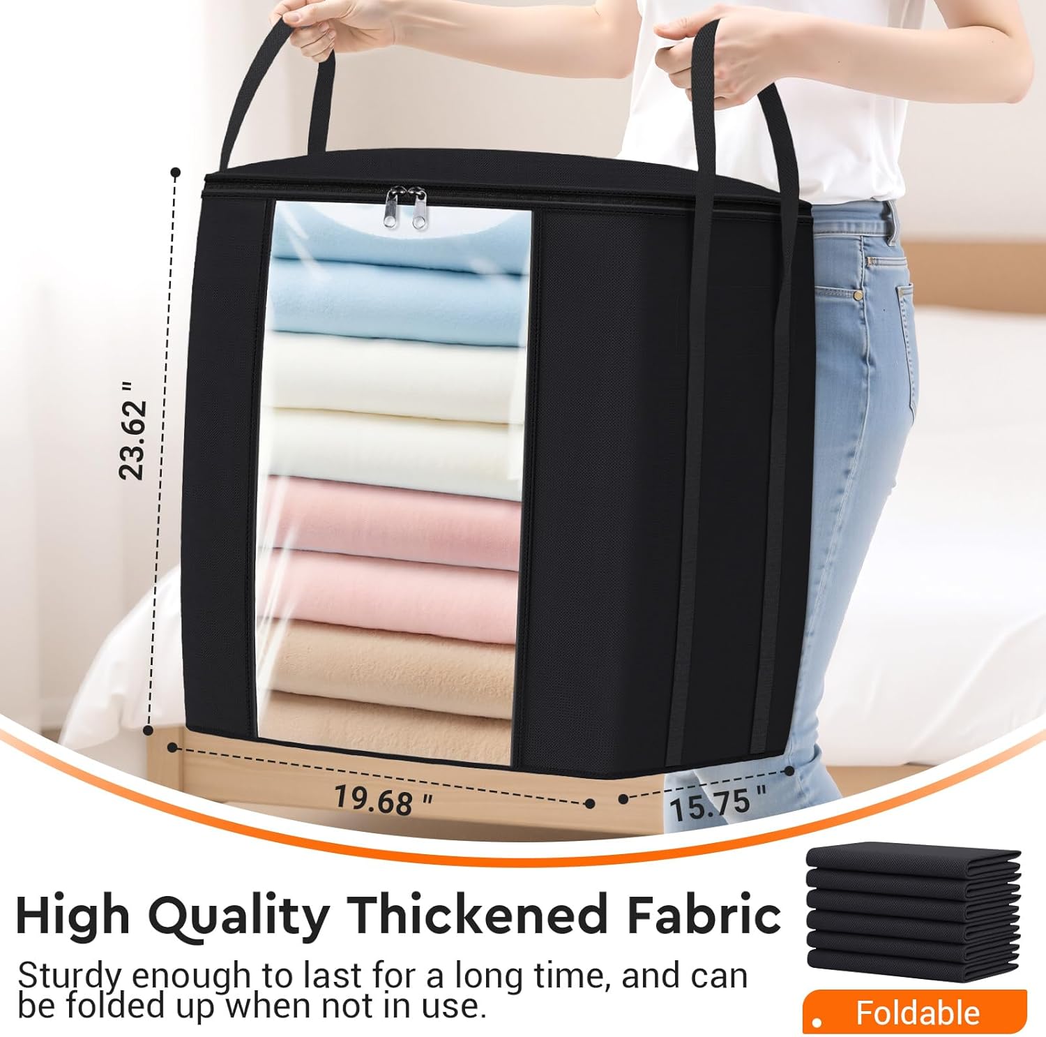 120L Extra Large Clothes Storage Bags, Foldable Blanket Storage and Organization, Thick Fabric Containers with Reinforced Handles & Zippers for Clothing, Comforters, Bedding, Black, 2 Pack